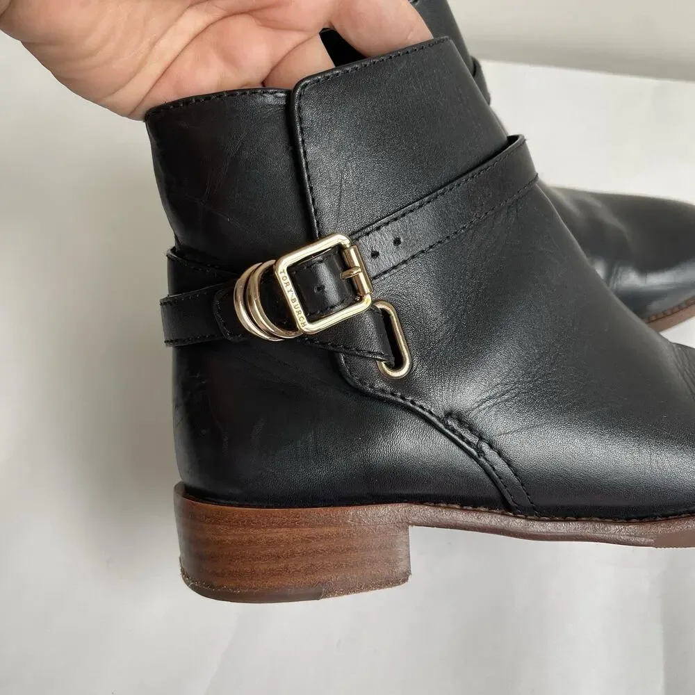 Tory Burch Black‎ Leather Harness Buckle Ankle Boots Size 8M Comfy Booties 5214